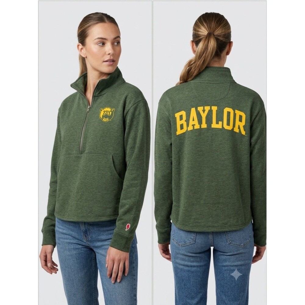 League Womens Baylor Bears Quarter Zip Sweatshirt Green Pullover Small NWT
